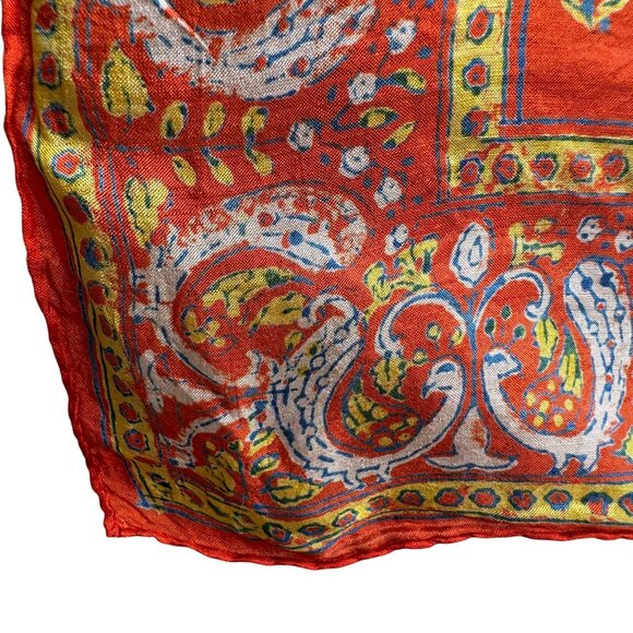 Vintage Vibrant Orange Silk Paisley Peacock Rooster Floral Design Square Scarf - Picture 4 of 6